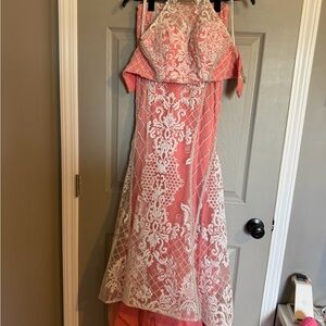 Coral Pink Lace Overlay Formal Dress